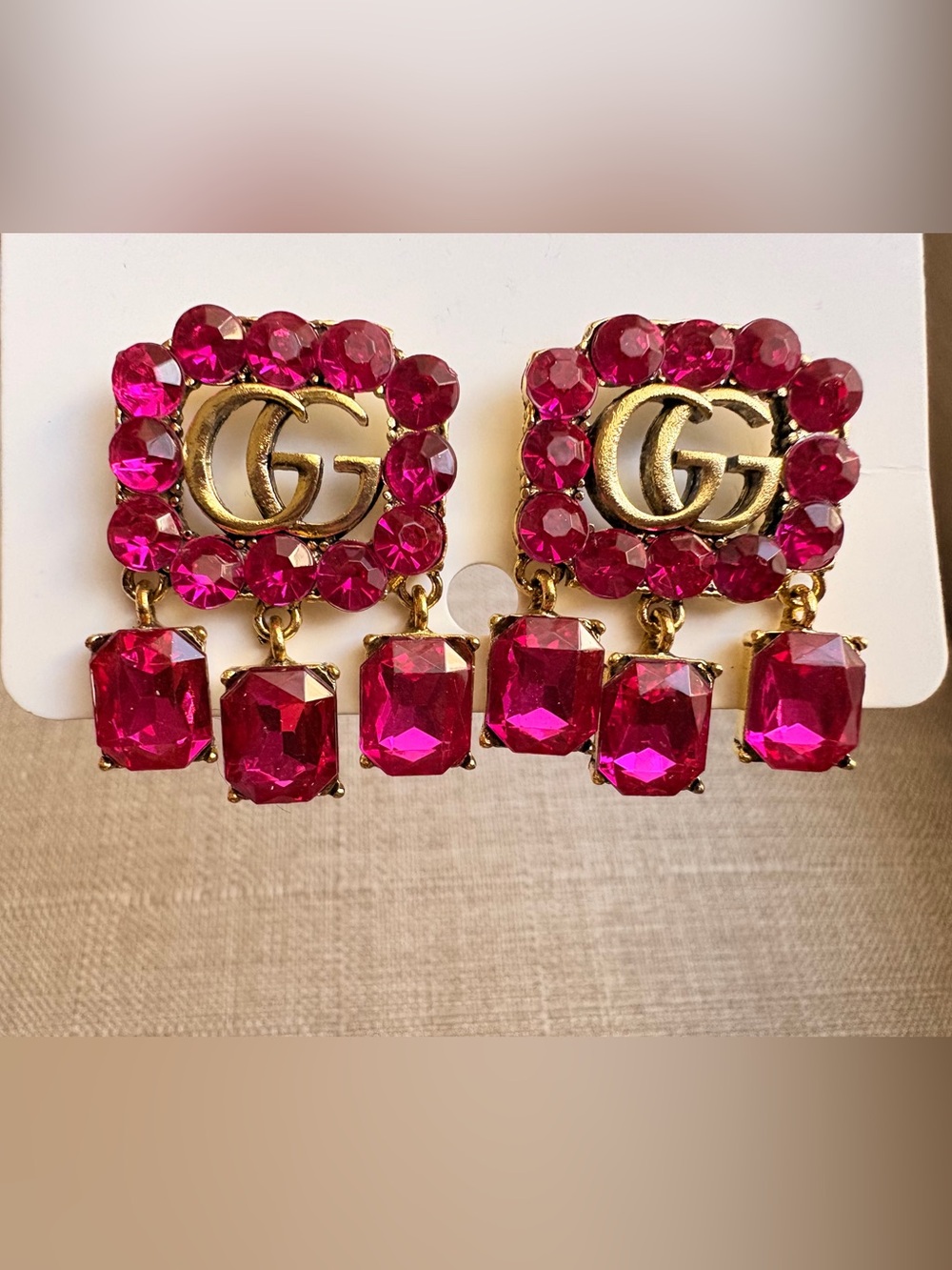 Gucci Gold GG Earrings with Fuchsia Crystal Drops
